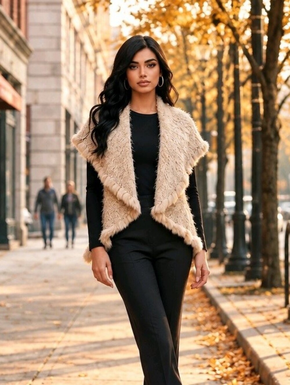 Love Token Cream Eyelash Knit Vest with Real Rabbit Fur Trim